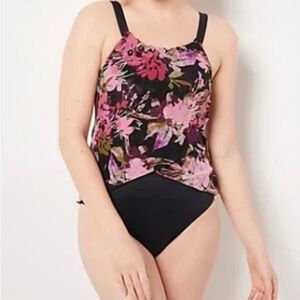 Black One-Piece Swimsuit with Pink Floral Tankini Overlay